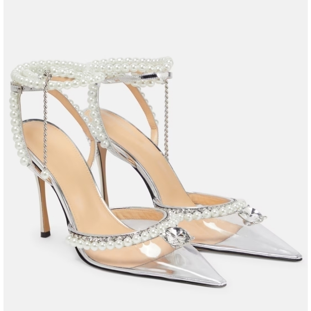Mach & Mach Diamond of Elizabeth Imitation Pearl Pointed Pump SILVER Size 8.5